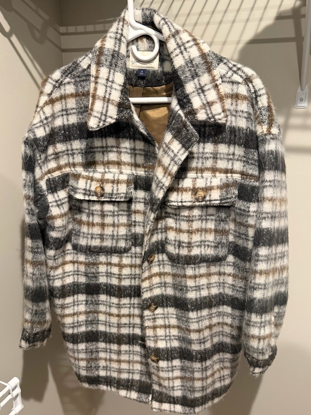 Universal Thread Plaid Shacket Jacket - Gray, White & Brown